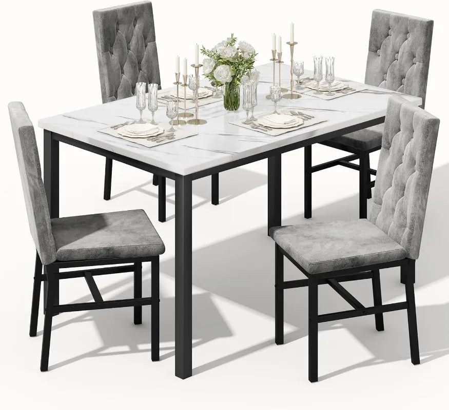 Hooseng Faux Marble Dining Table Set For 4 Tufted Chairs