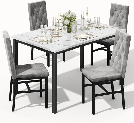 Hooseng Faux Marble Dining Table Set For 4 Tufted Chairs