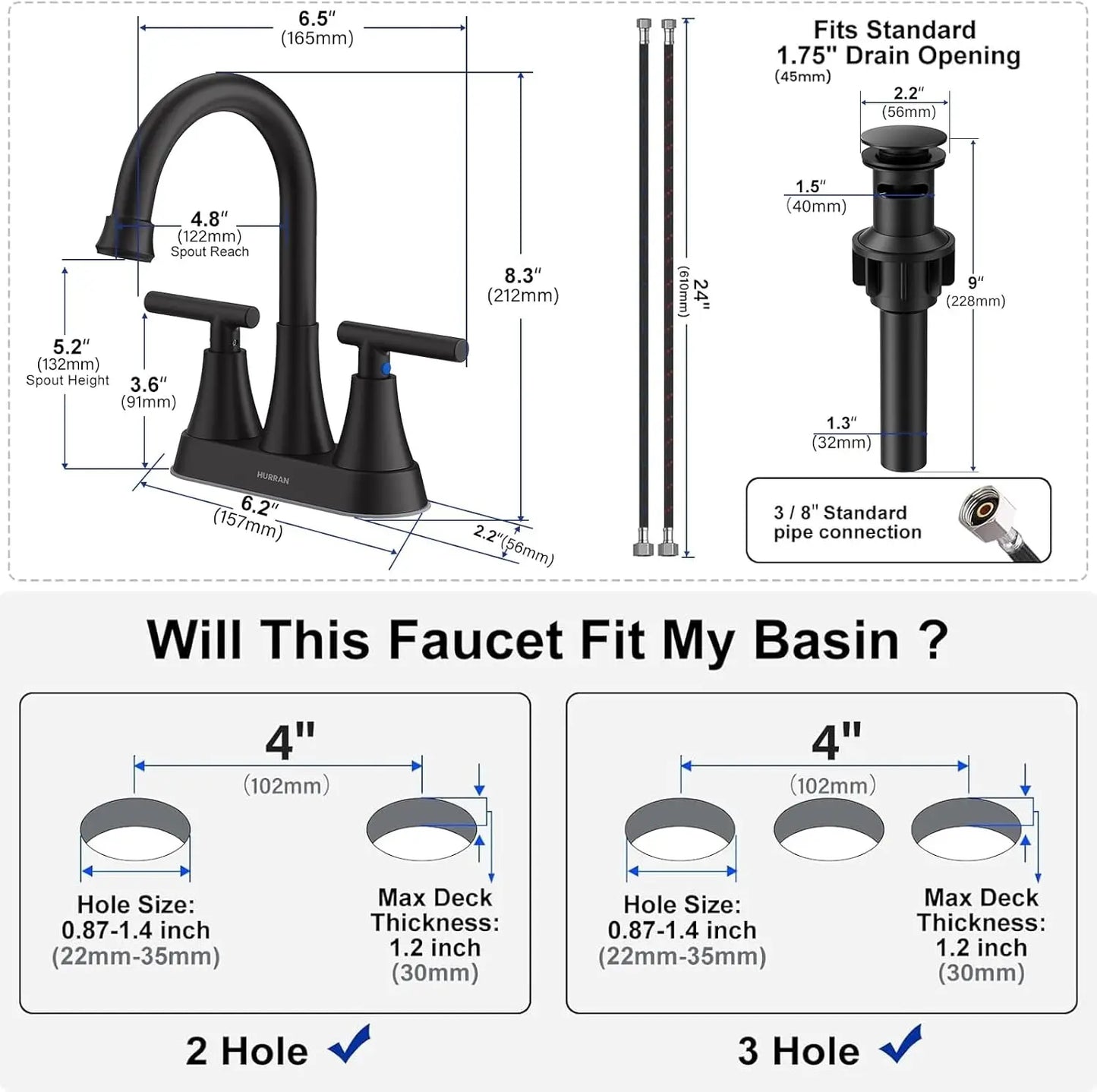 Three Hole Bathroom Faucet Pop Up Drain Lead Free Steel