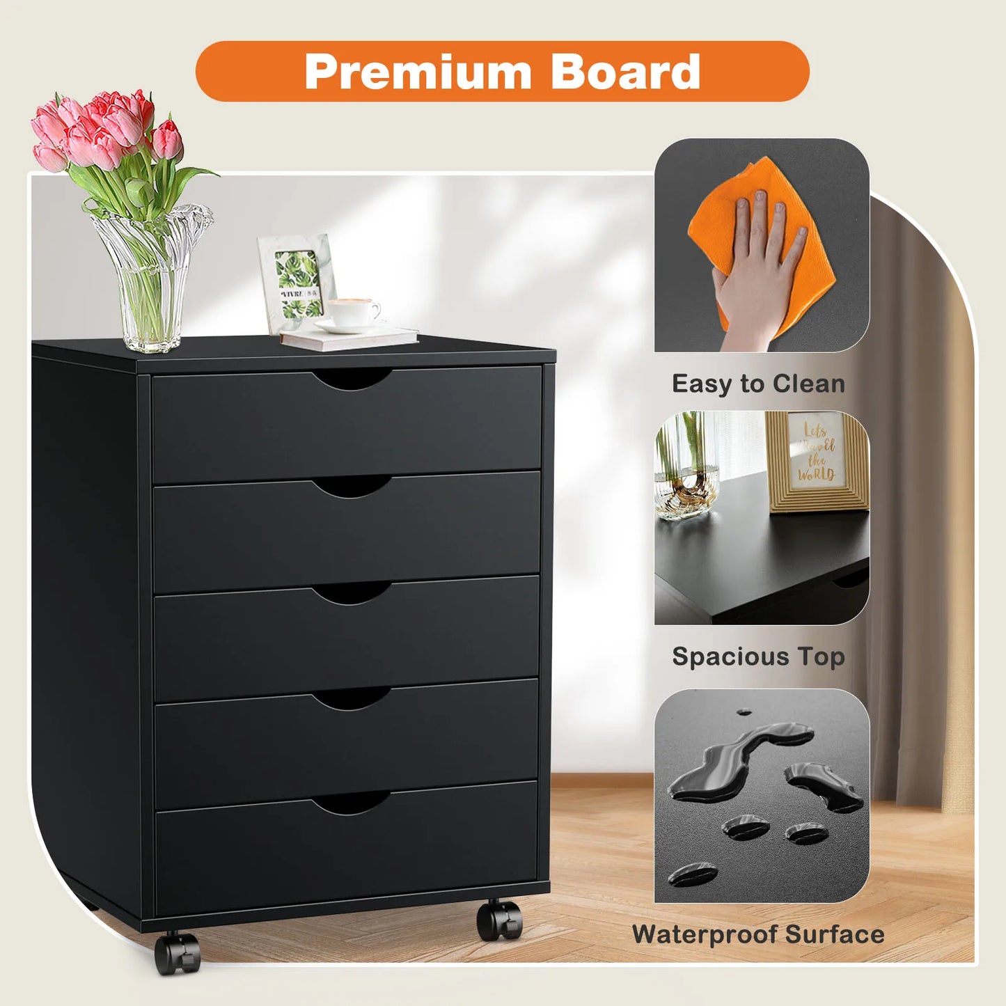 JHK Wood Nightstand 5 Drawer With Wheels Storage Organizer