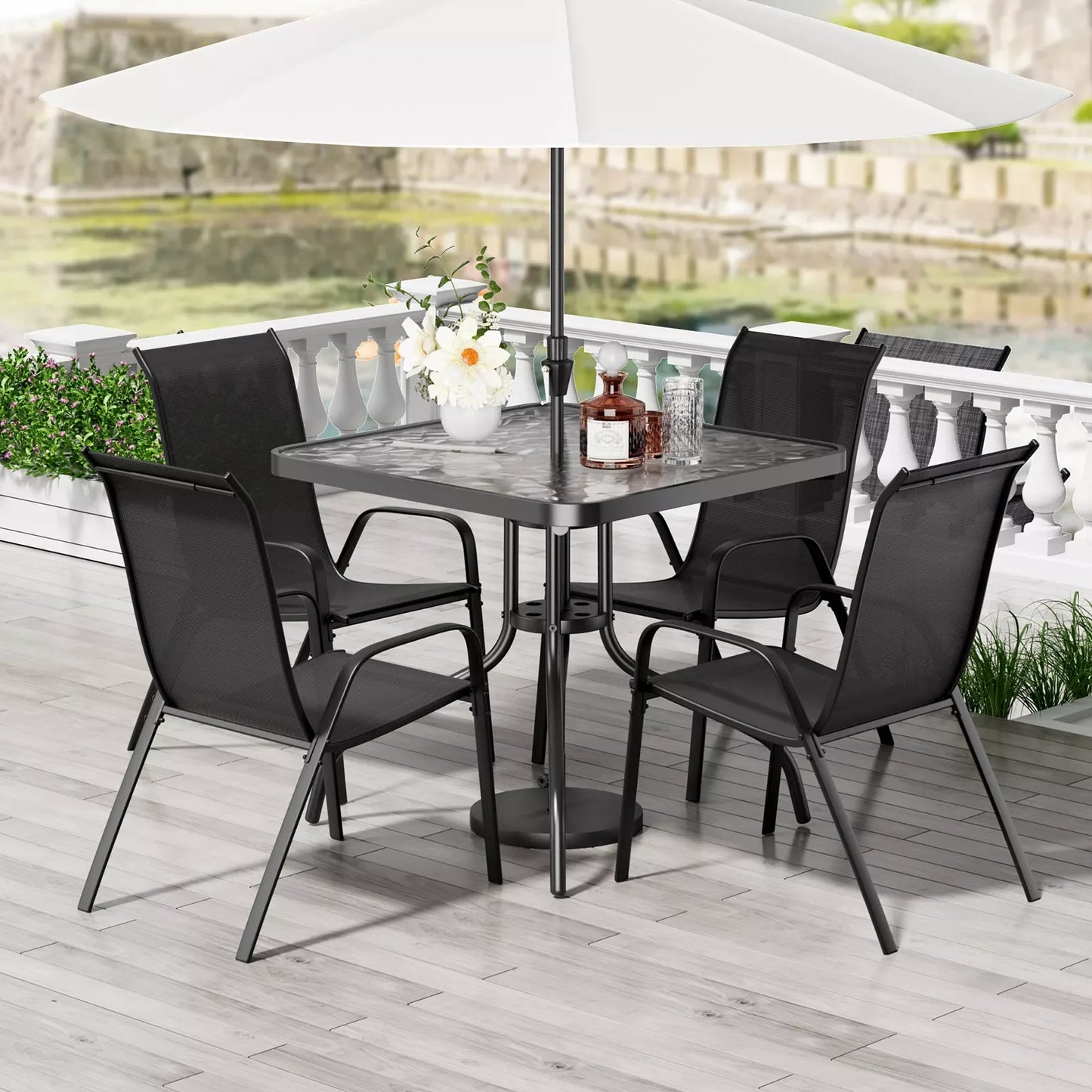 Patio Dining Set 5 Pieces All Weather Stackable Chairs