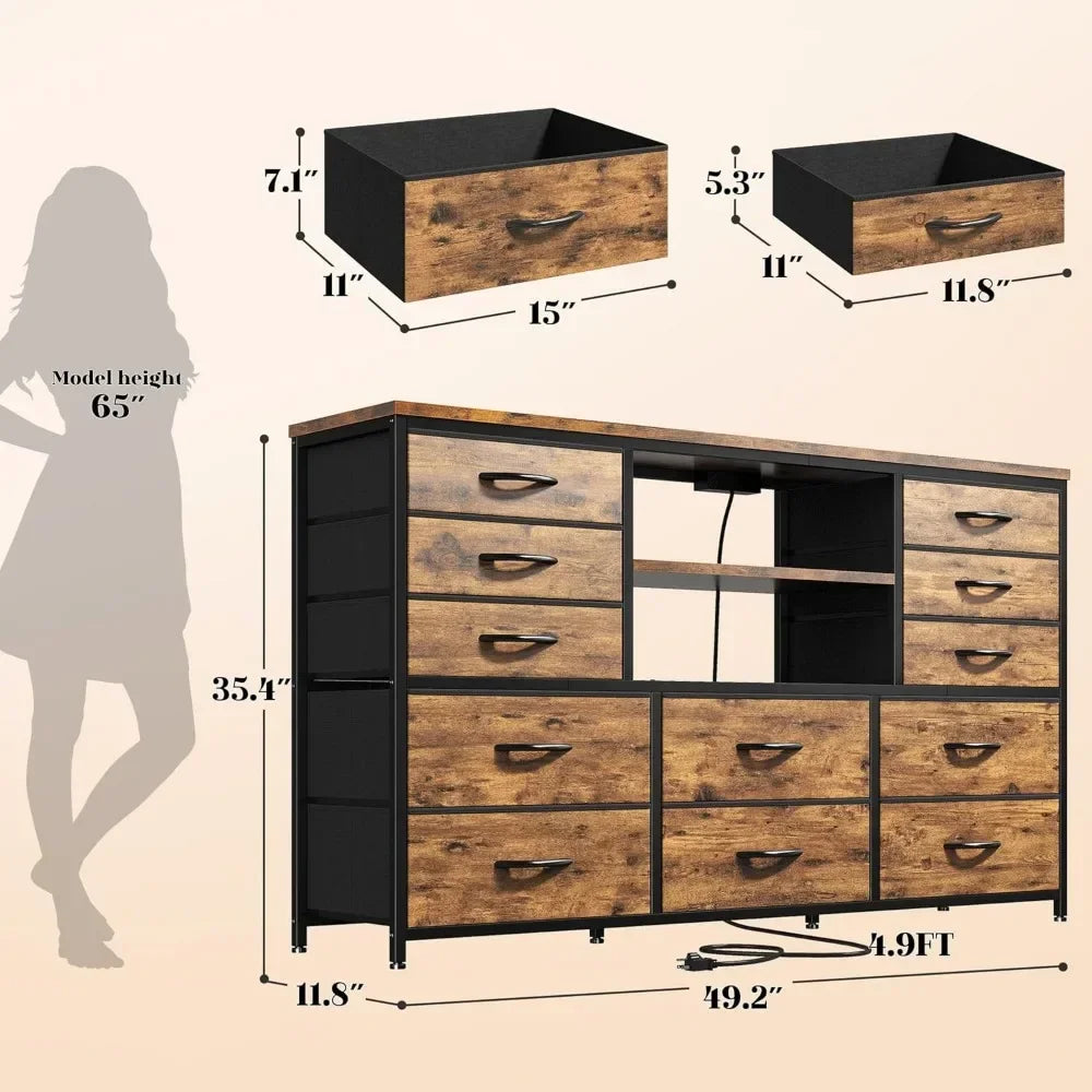 LED Light & Power Outlet Equipped 12-Drawer Dresser TV Stand for 60'' TV Bedroom Fabric Dressers  Chest for Storage Customized