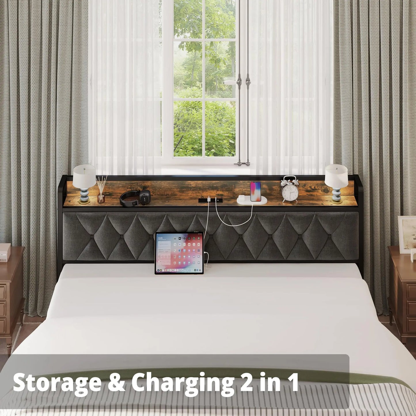 ANCTOR Storage Headboard Bed Frame With Outlets Quiet Design