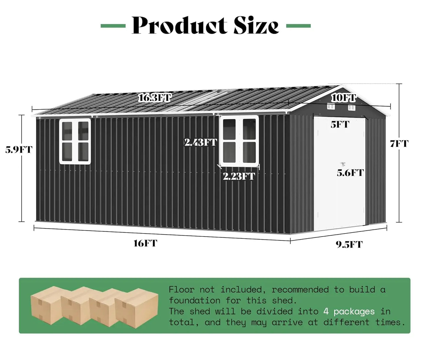 GELU Outdoor Metal Storage Shed With Double Doors And Windows