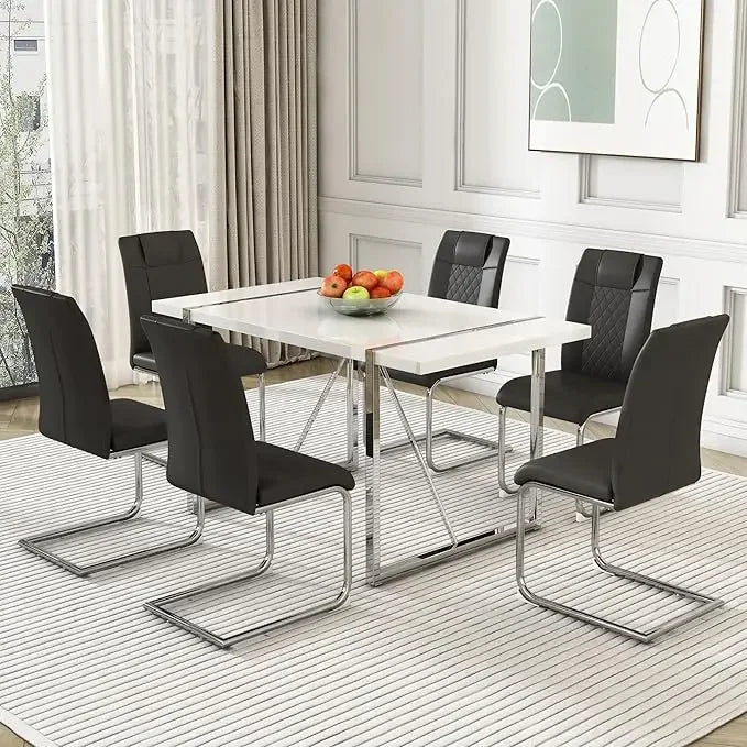 Dining Table Chairs Set For Six With PU Leather Upholstery