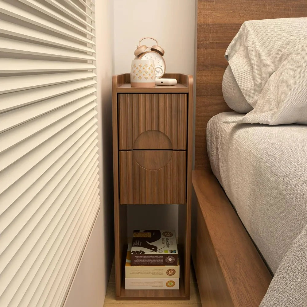 Jluomei Narrow Fluted Wooden Nightstand Two Drawer Bedside Table