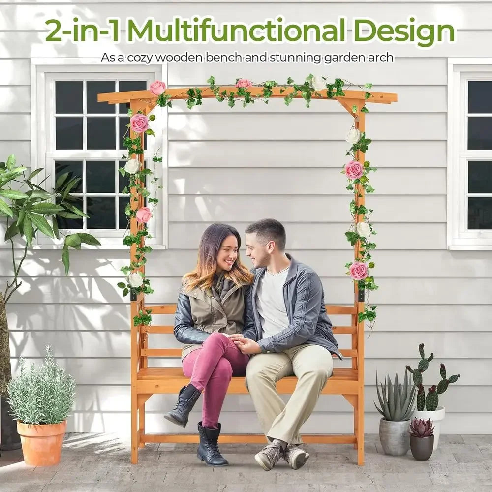 Wooden Garden Arch Trellis With Bench For Climbing Plants
