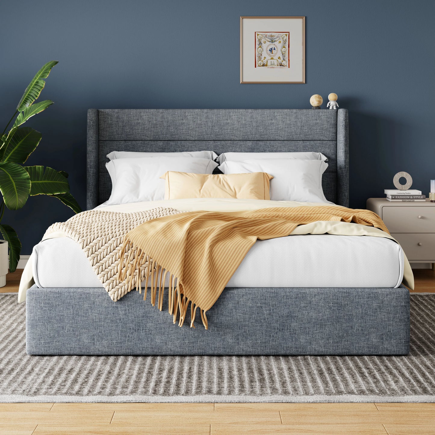 Allewie Lift Up Storage Bed With Wingback Headboard And Hydraulic System