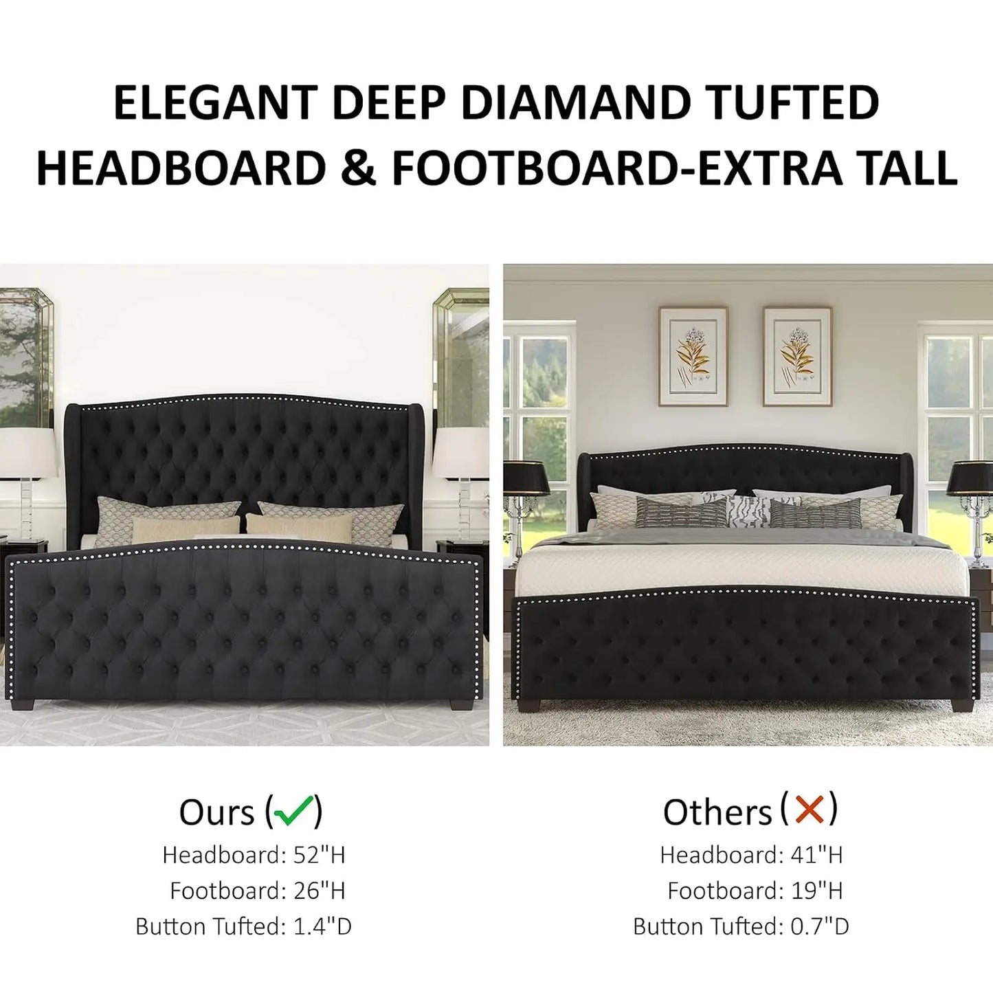 Velvet Platform Bed Frame With Deep Button Tufted Headboard Nailhead Trim
