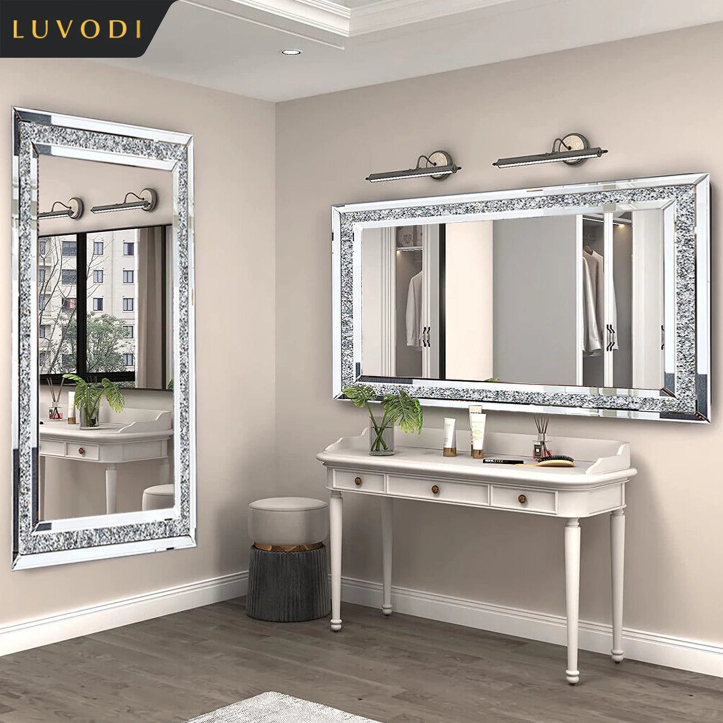 LUVODI Frameless Large Silver Sparkling Crystal Rhinestone Diamond Vanity Mirror