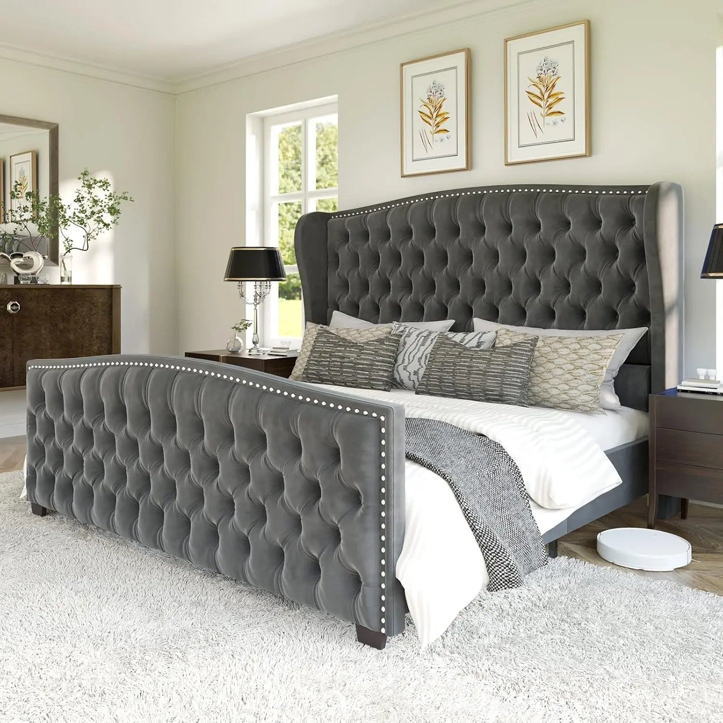 Velvet Platform Bed Frame With Deep Button Tufted Headboard Nailhead Trim