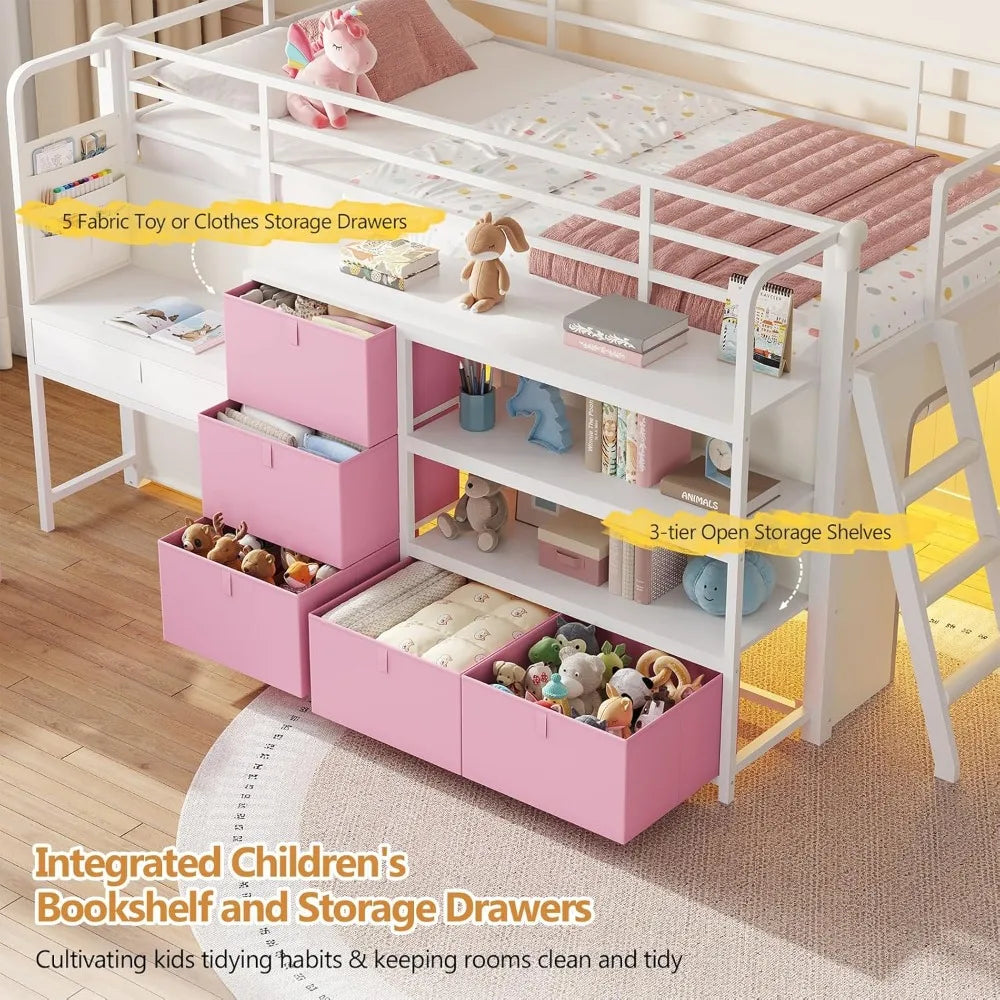 Kids Low Loft Bed With Desk Led Lights Storage Drawers