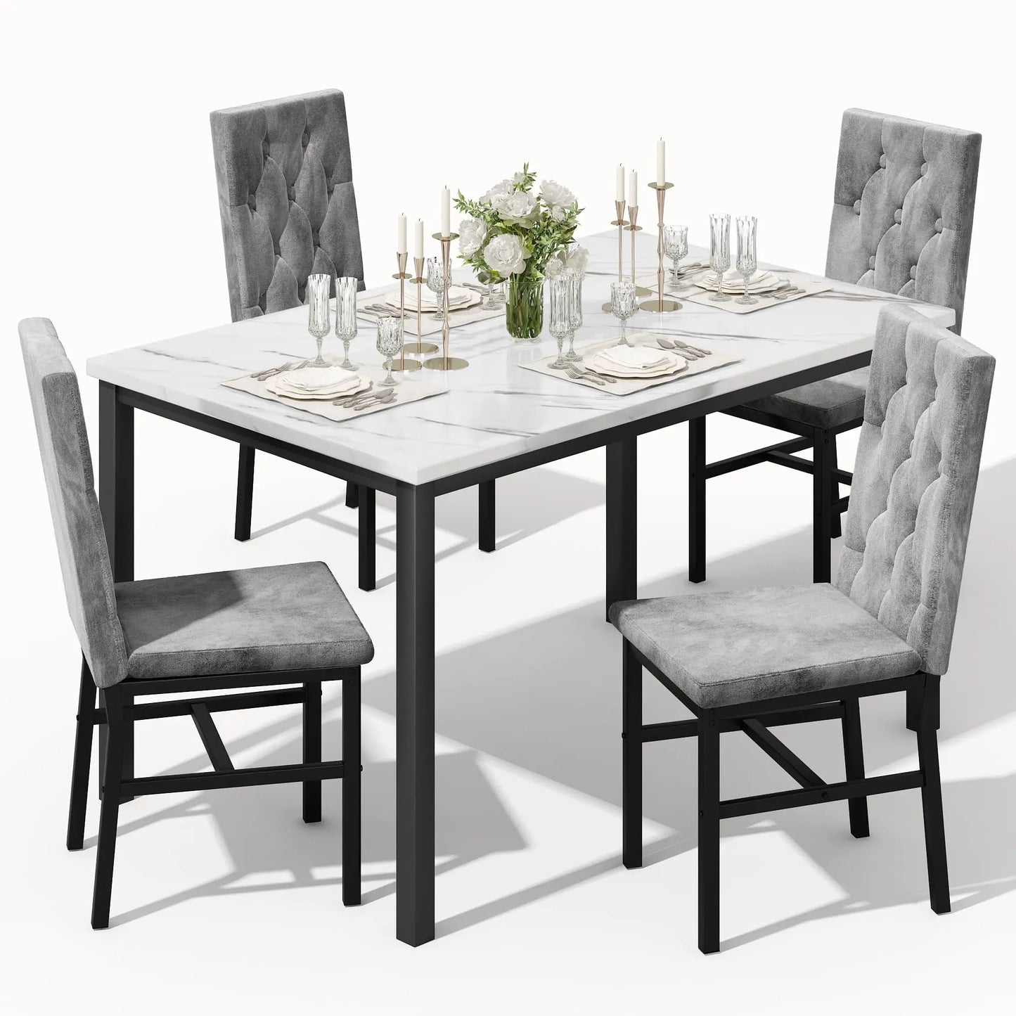 Hooseng Faux Marble Dining Table Set For 4 Tufted Chairs