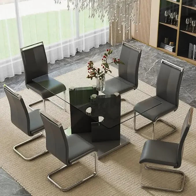 7 Piece Dining Set With Tempered Glass Table And Chairs