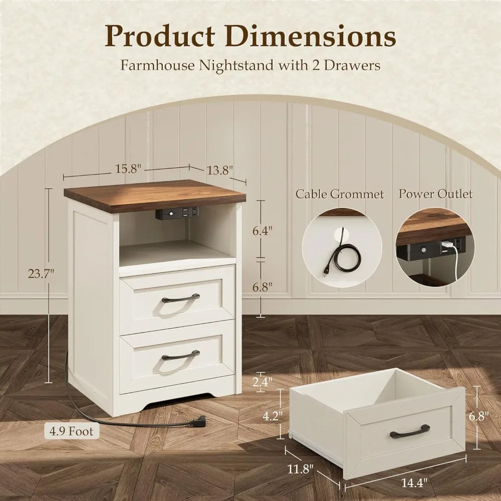 Farmhouse Nightstand Set of 2 With LED Lights and USB