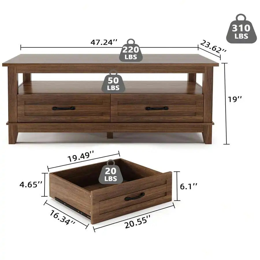 Meiyiu Farmhouse Coffee Table With Drawers, 47.2" Center Table Rustic Coffee Tables Living Room Table, With Open Shelf And 6