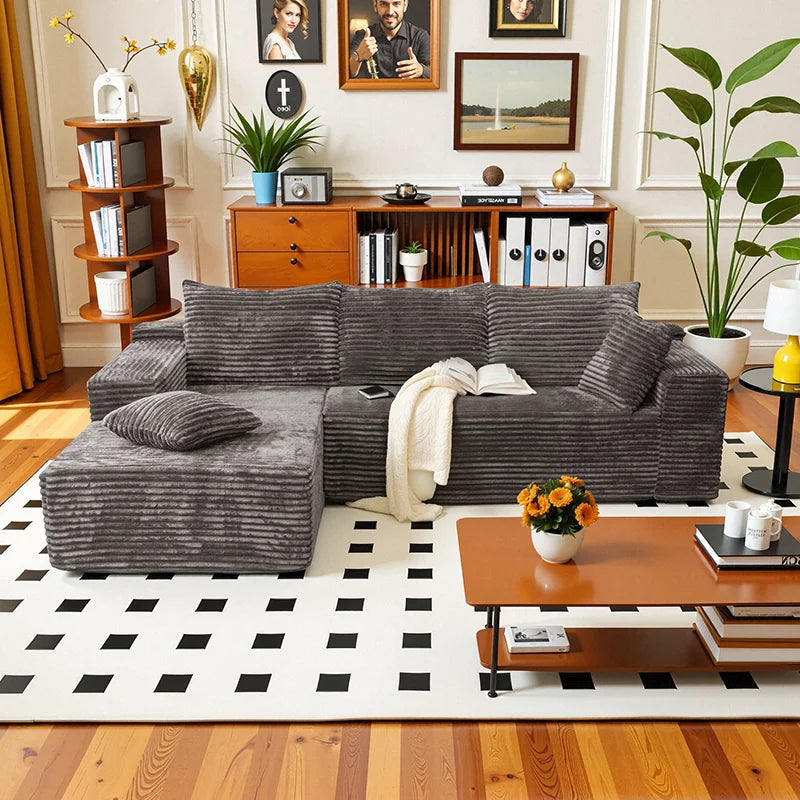 L Shaped Sofa Bed Convertible With Corduroy Fabric No Assembly
