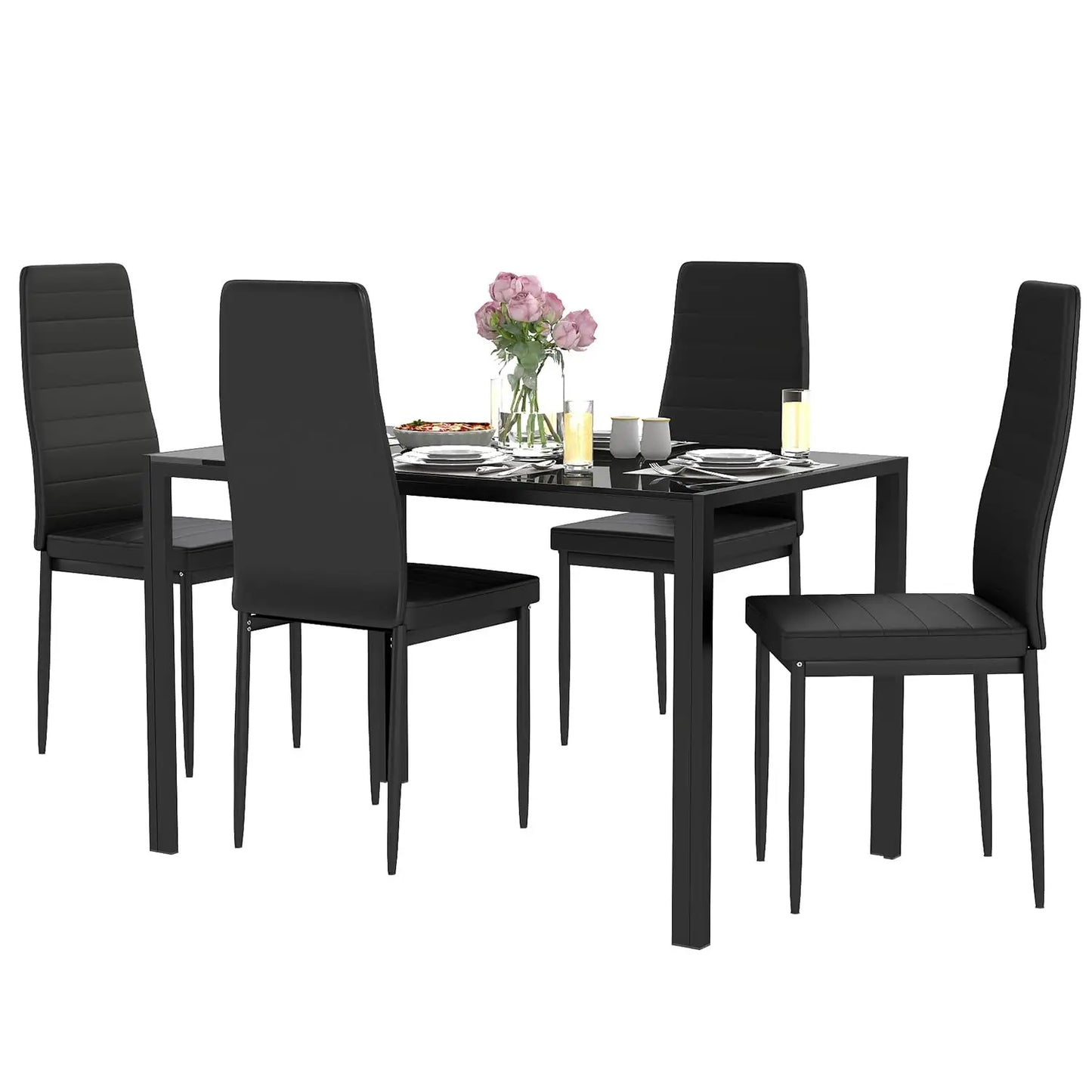 FDW 5-Piece Glass Top Dining Table Set with Upholstered Chairs