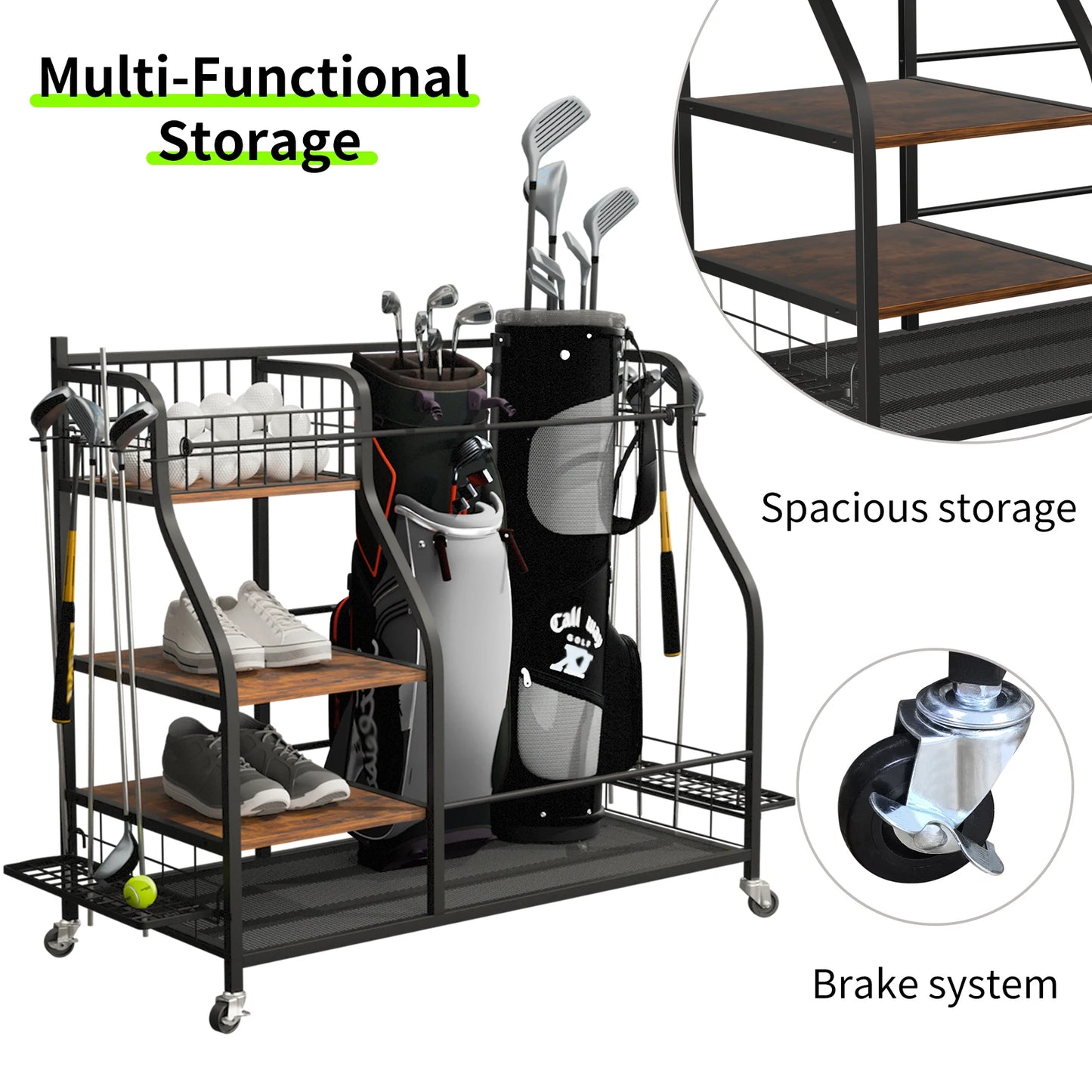 Three Tier Metal Rolling Golf Bags Storage Organizer Rack With Wheels