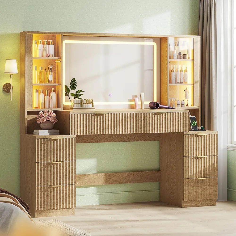 Fluted Wood Vanity Desk With Mirror LED Lights 8 Drawers