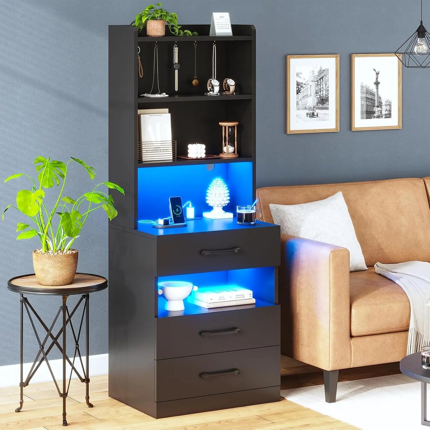 AOGLLATI Tall Nightstand With Charging Station And LED Lights