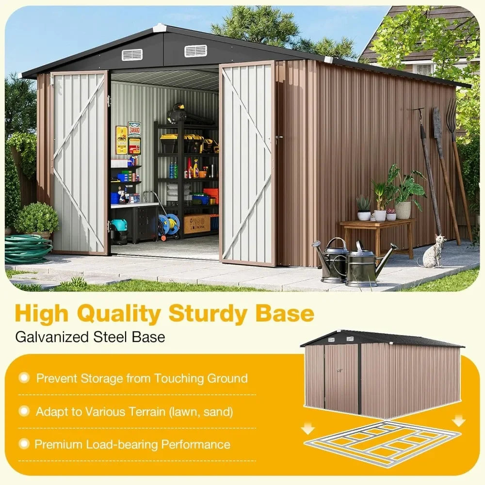Heavy-Duty Galvanized Steel Outdoor Storage Shed With Lockable Double Doors