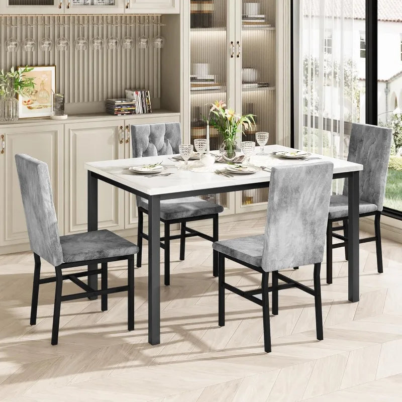 Hooseng Faux Marble Dining Table Set For 4 Tufted Chairs