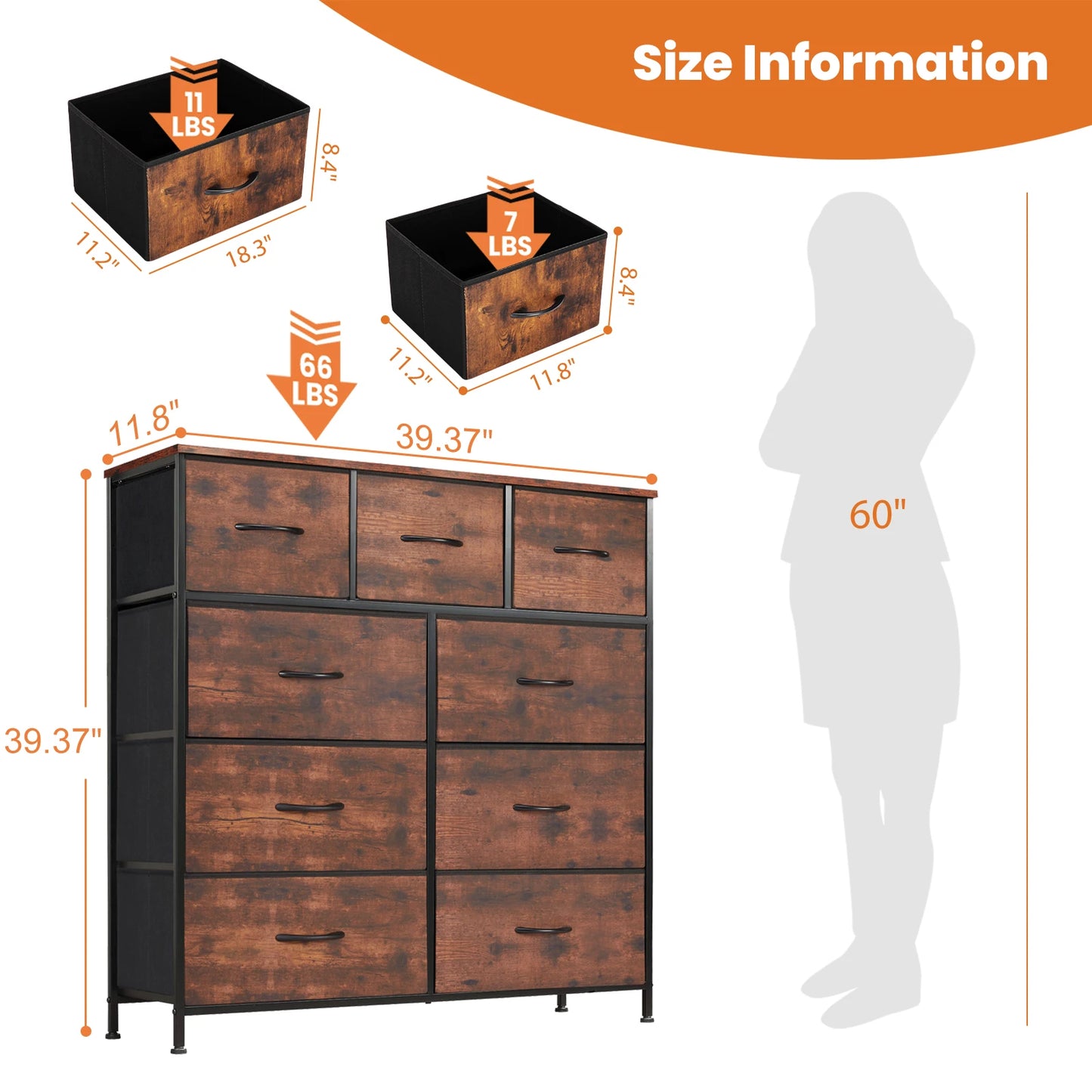 JHK 9 Drawer Fabric Storage Dresser For Bedroom Wardrobe