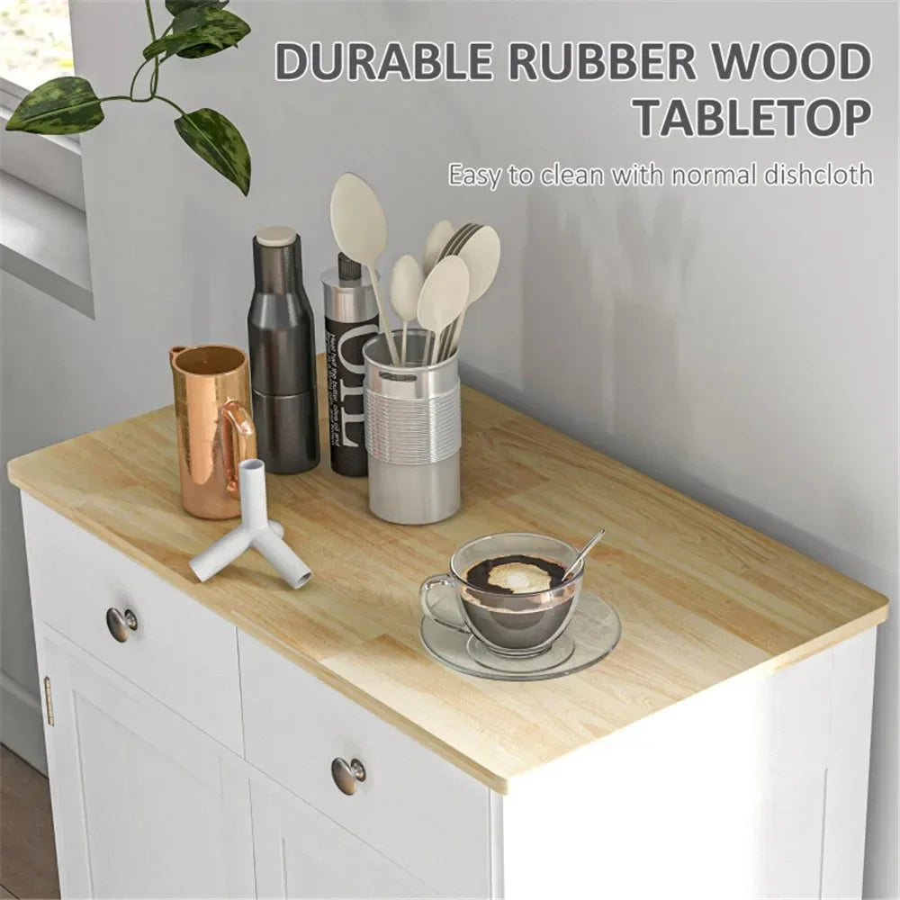 sideboard with solid wood countertop, modern kitchen storage cabinet, coffee bar cabinet with 2 drawers, doors and adjustable s