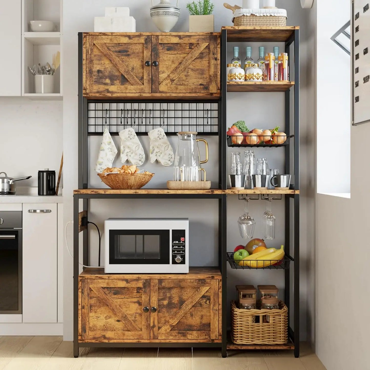 Industrial Bakers Rack With Storage Cabinets And Power Outlet
