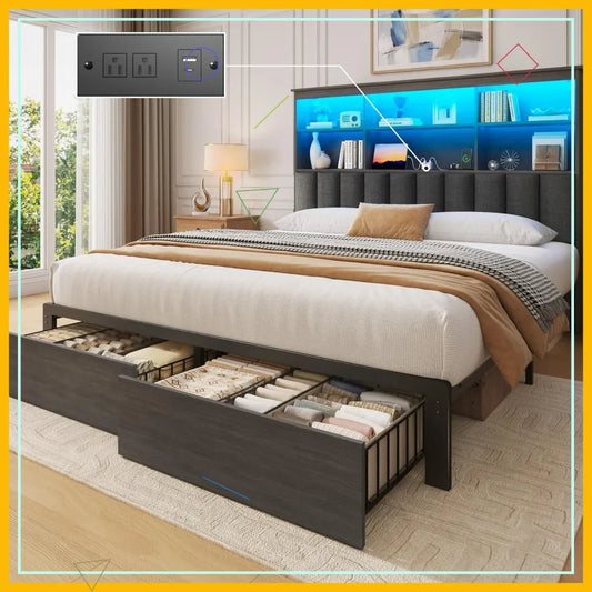Queen Bed Frame With Storage Headboard And Charging Station