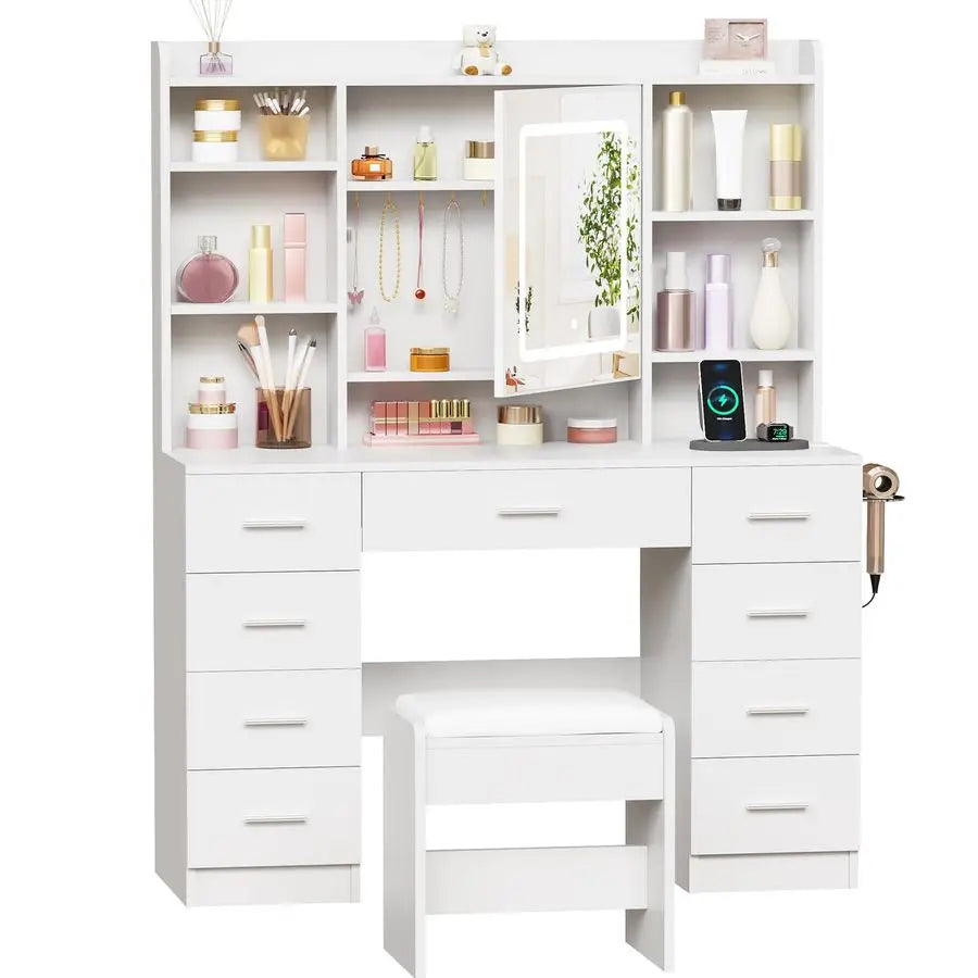 Makeup Vanity Desk With Mirror Lights And Hidden Jewelry Storage