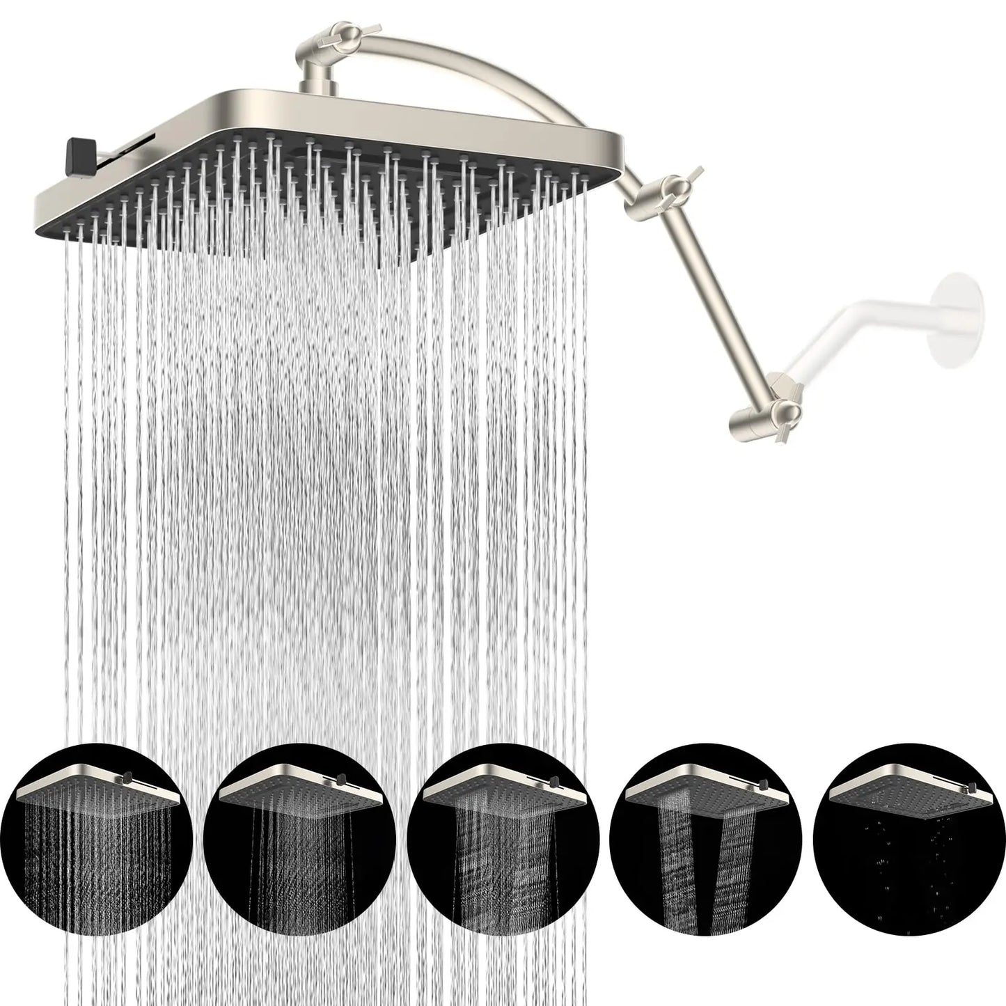 Hibbent Rain Shower Head Square Design With Five Spray Modes