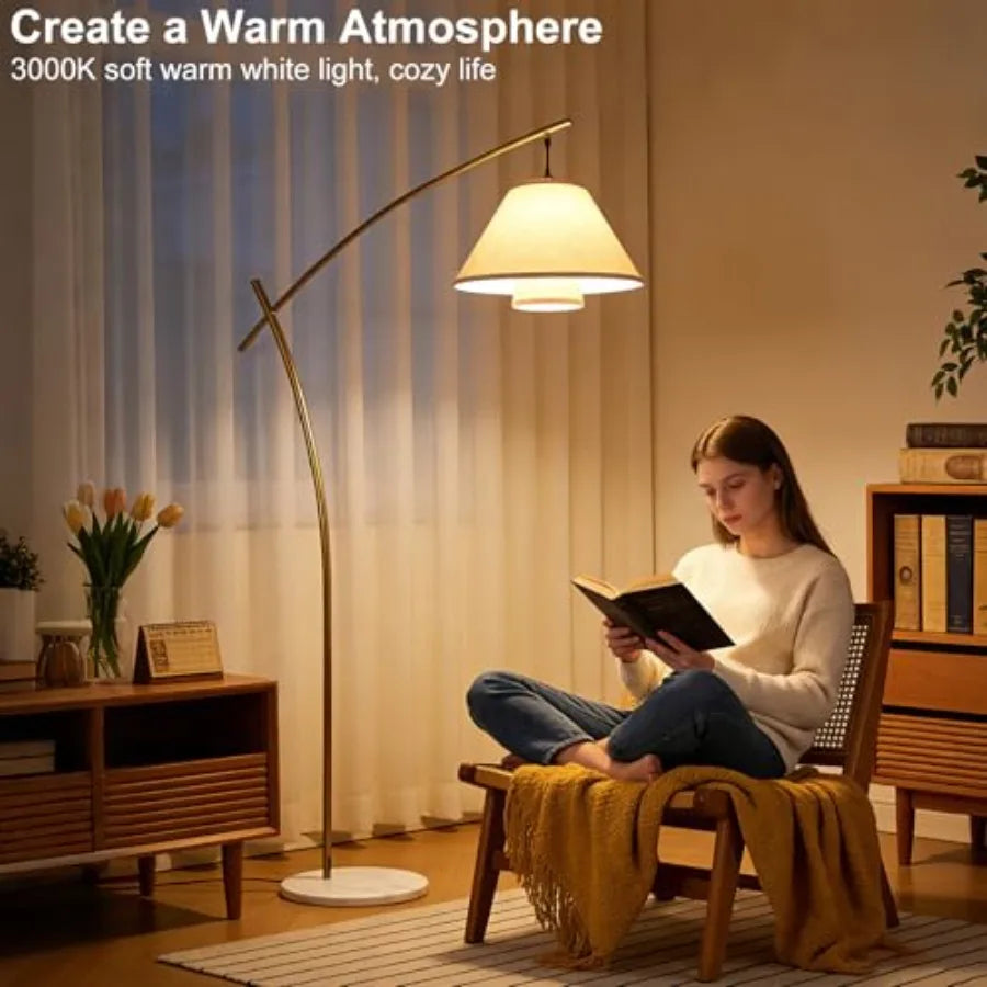 Arc Floor Lamp For Living Room With Double Linen Shade