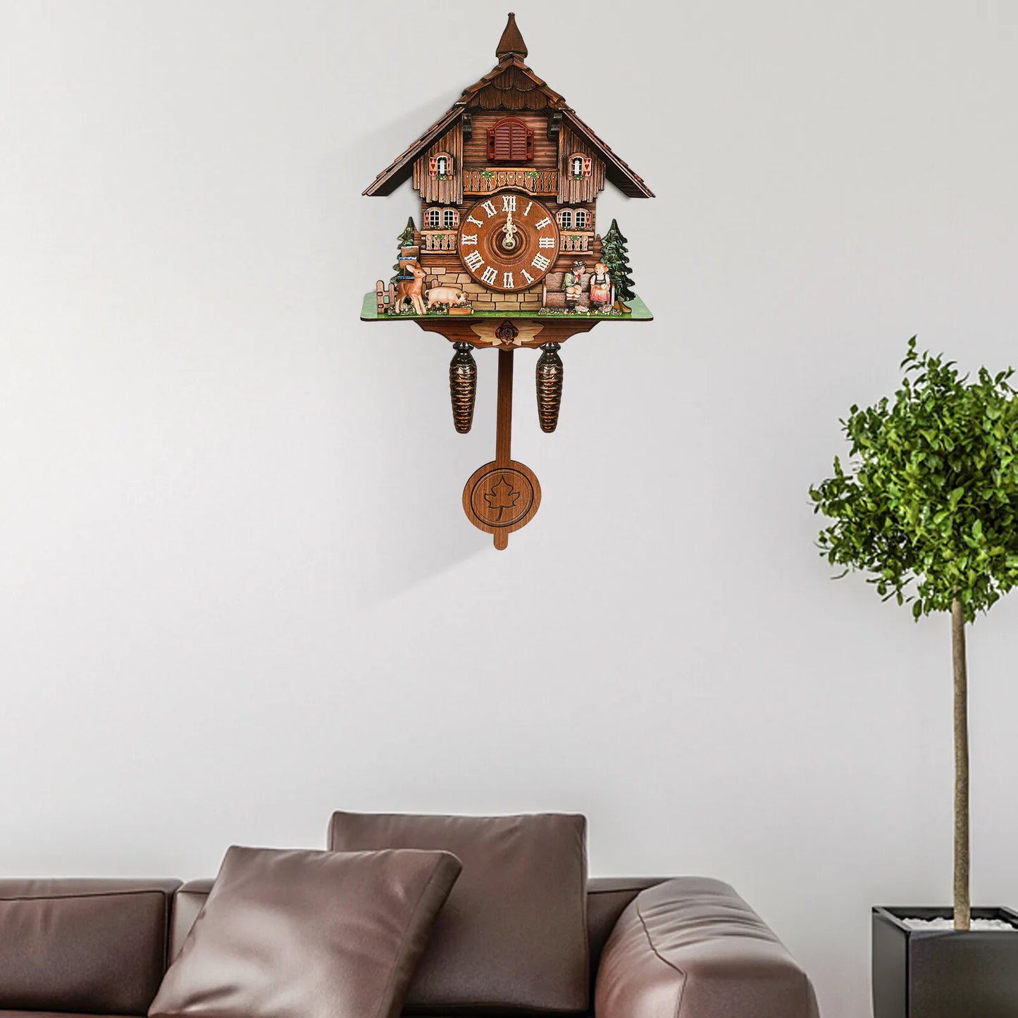 Traditional Cuckoo Wall Clock Chalet Forest House Wooden Quartz Pendulum