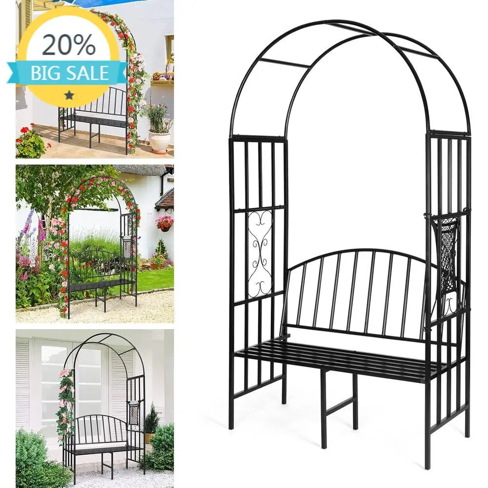 Metal Garden Arch With Bench For Climbing Plants And Seating