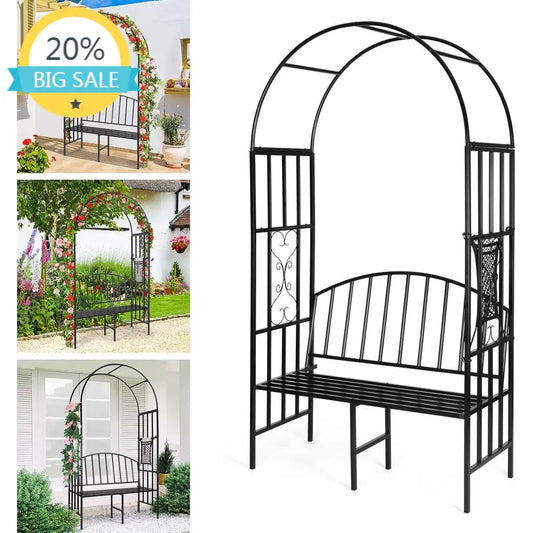 Metal Garden Arch With Bench For Climbing Plants And Seating