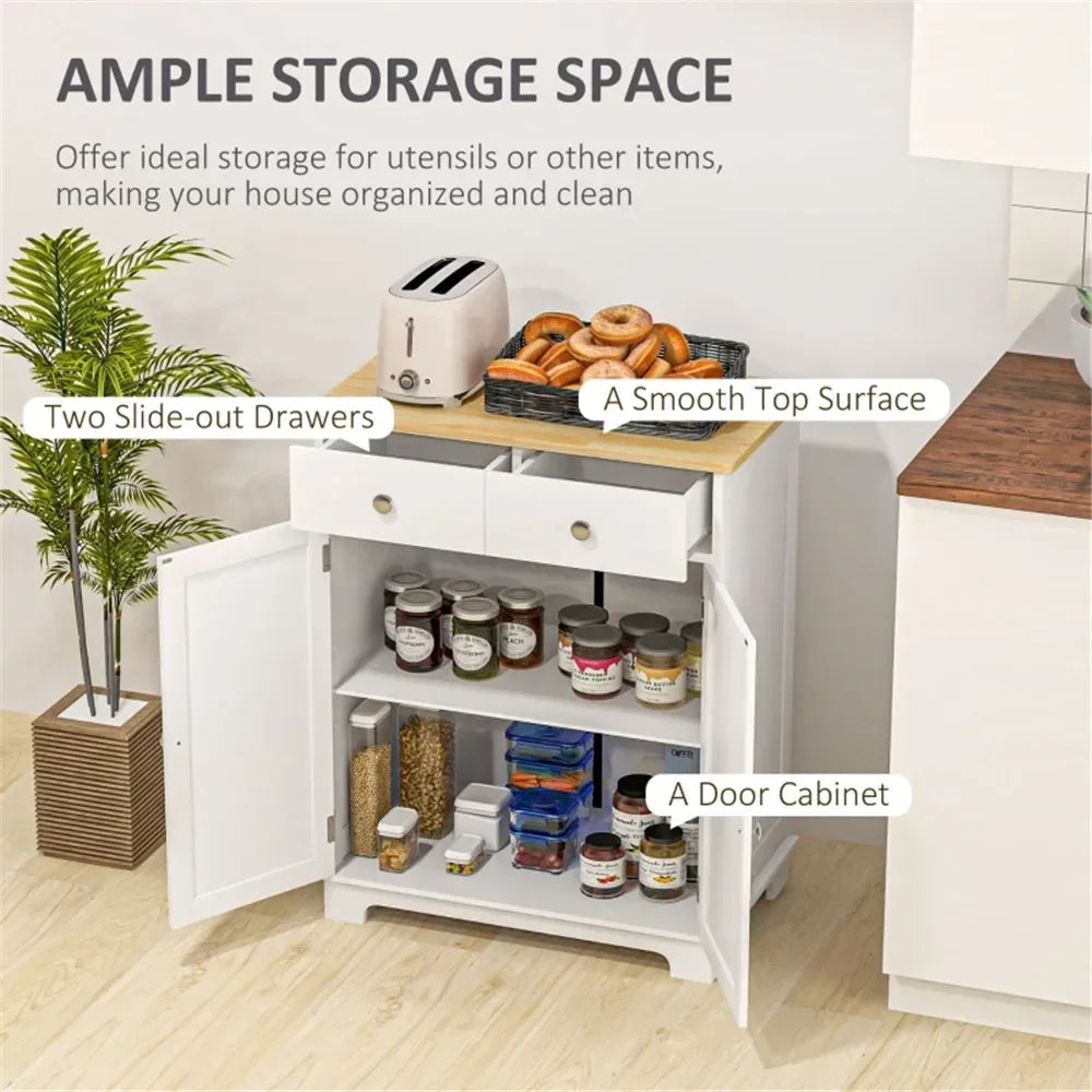 sideboard with solid wood countertop, modern kitchen storage cabinet, coffee bar cabinet with 2 drawers, doors and adjustable s