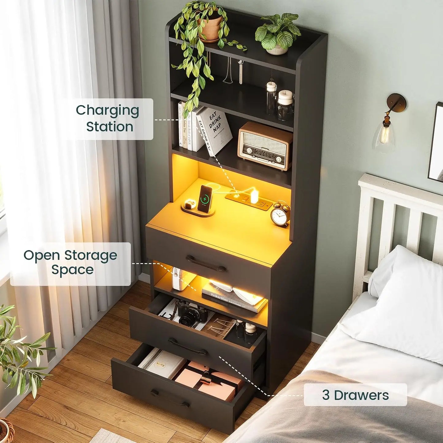 AOGLLATI Tall Nightstand With Charging Station And LED Lights