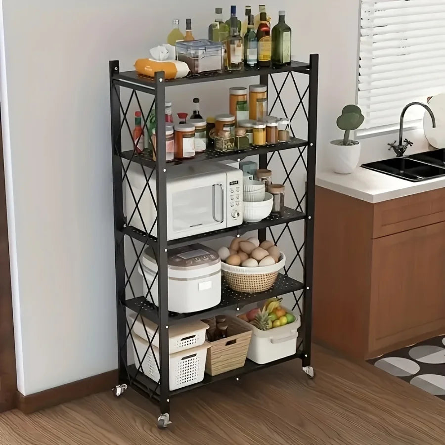 Heavy-Duty Foldable Metal Storage Rack With Wheels For Mobility