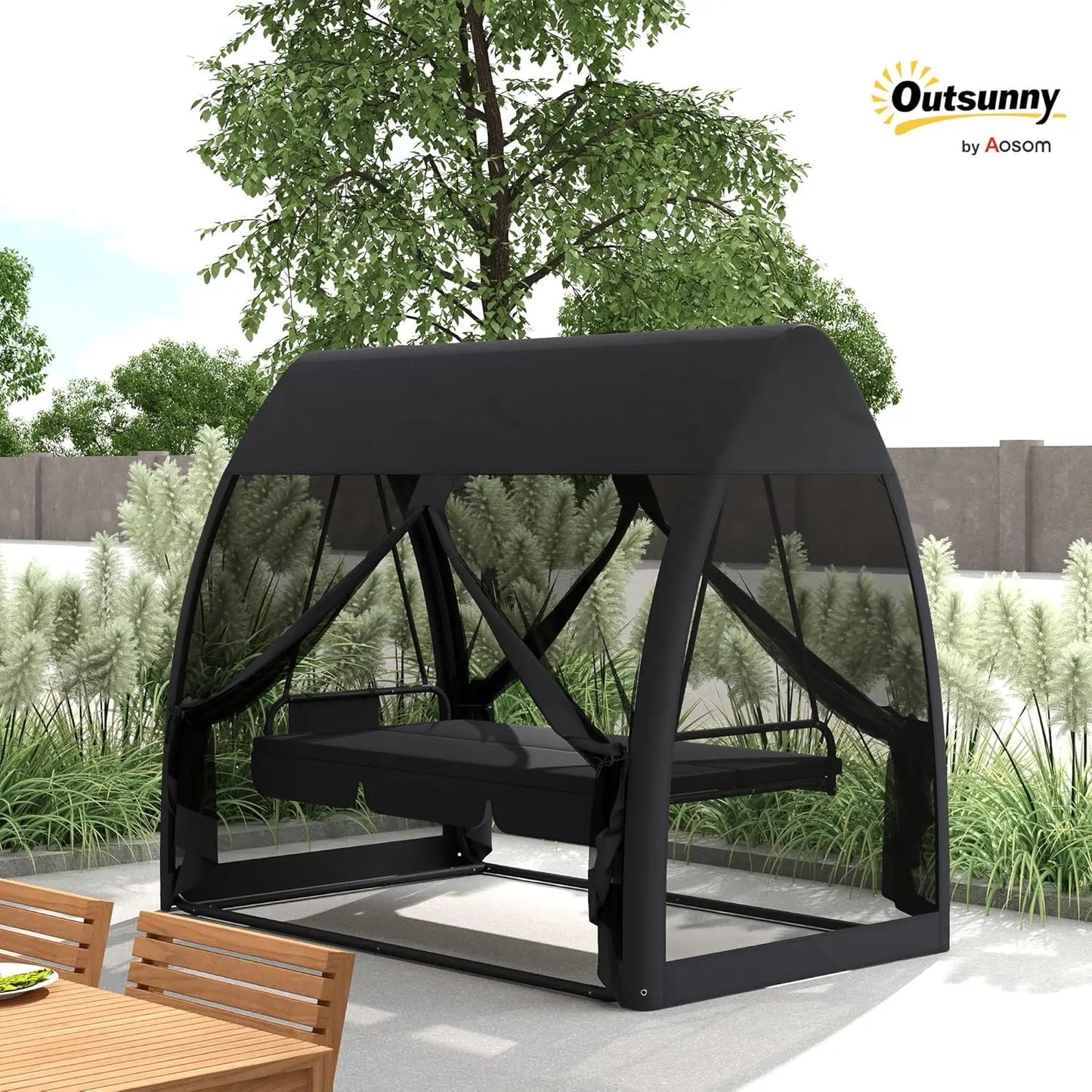 3 Seat Patio Swing Chair With Convertible Backrest And Canopy