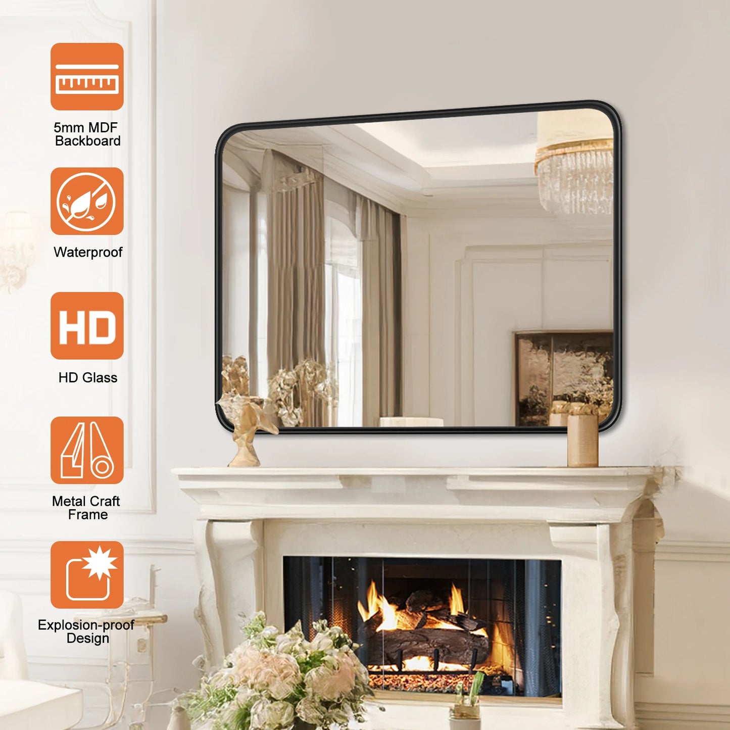 JHK Matte Metal Framed Bathroom Mirror Rectangular With Rounded Corner