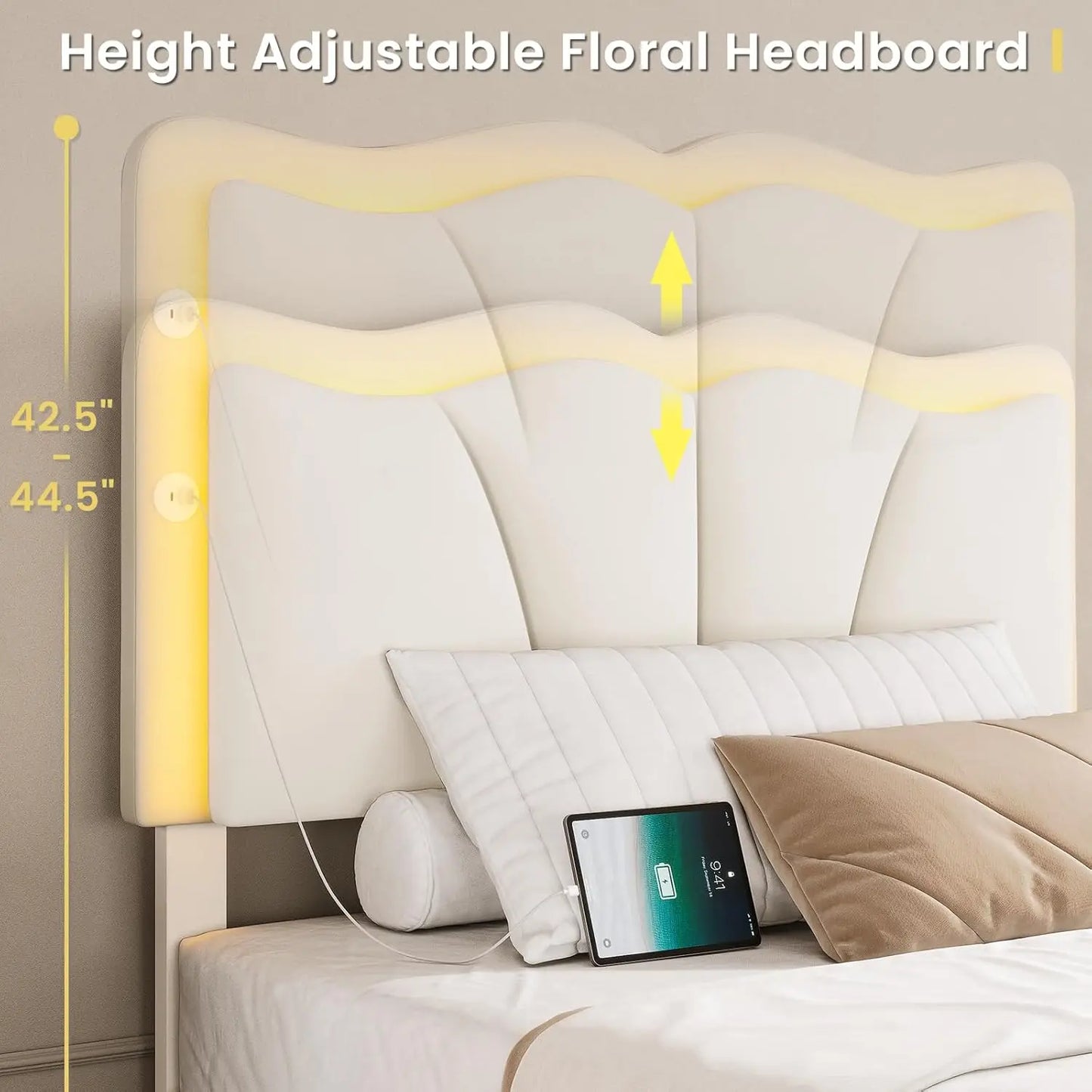 Velvet Platform Bed Frame With Adjustable Headboard And LED Lights