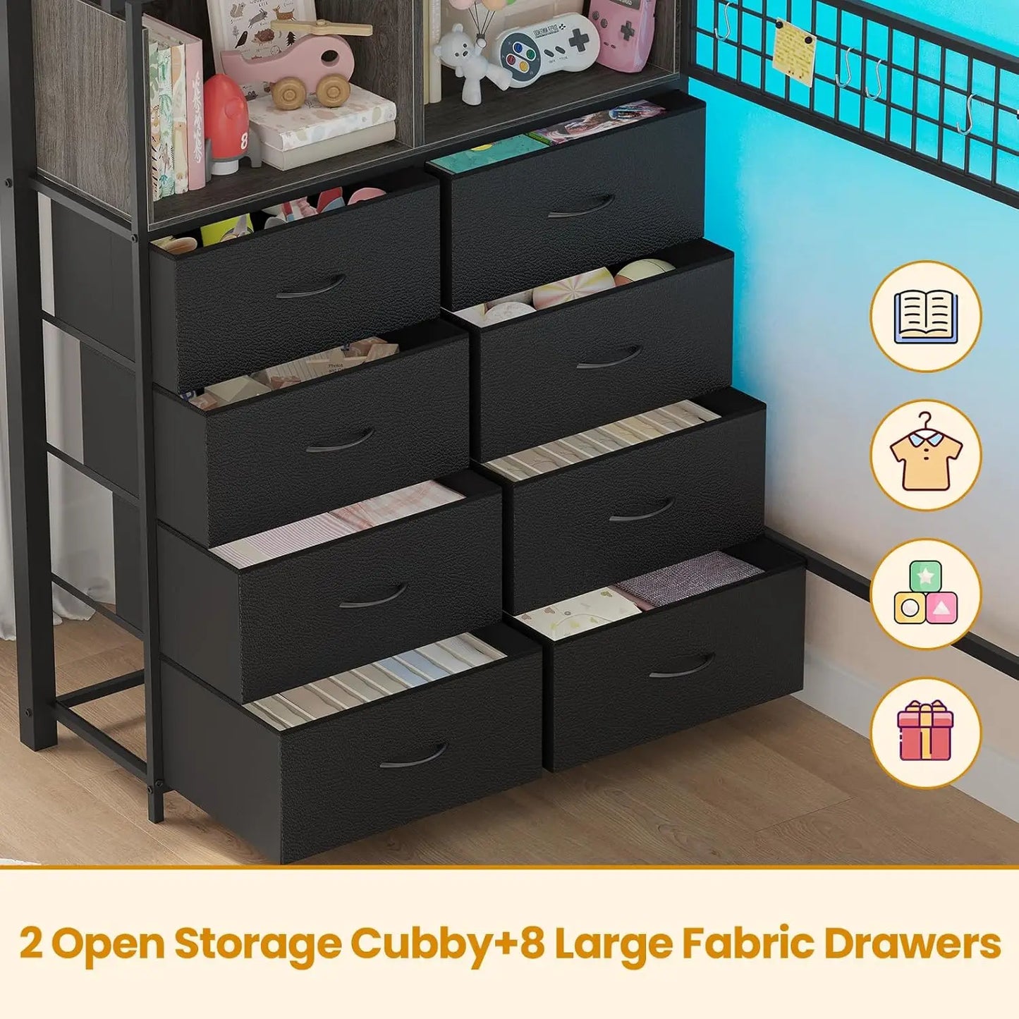 Metal Loft Bed With Storage Stairs LED Lights And Shelves