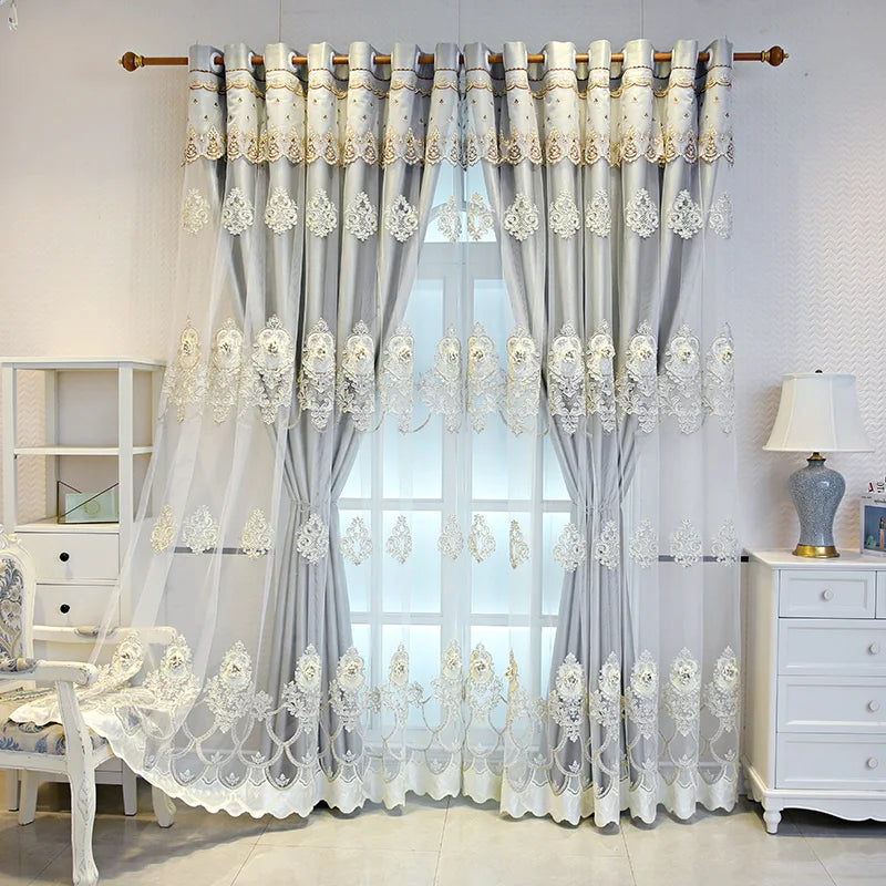 Elegant Double Layer Blackout Curtains With 3D Embroidery