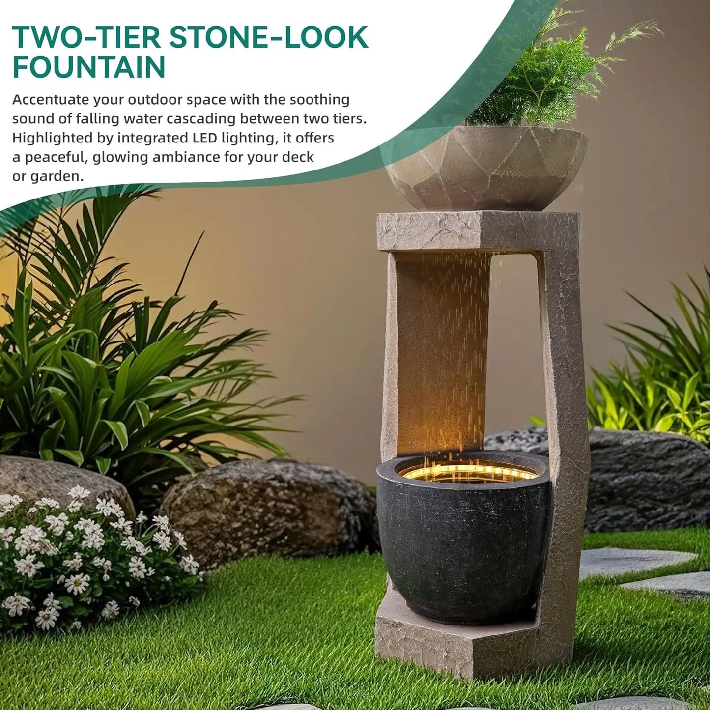 Outdoor Fountain Modern Geometric Two Bowls Water Feature LED Lights