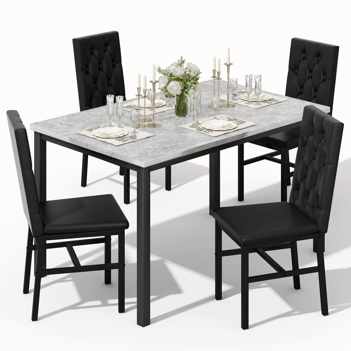 Hooseng Faux Marble Dining Table Set For 4 Tufted Chairs