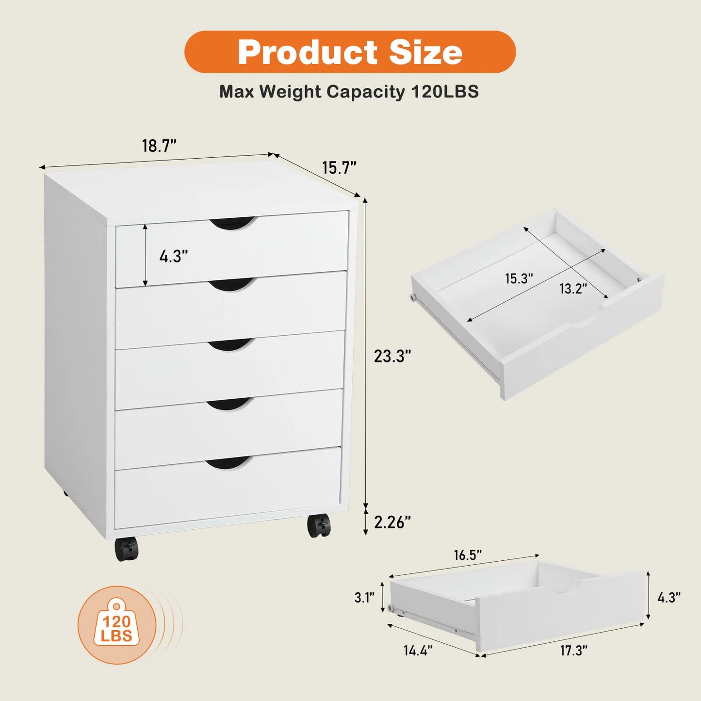JHK Wood Nightstand 5 Drawer With Wheels Storage Organizer