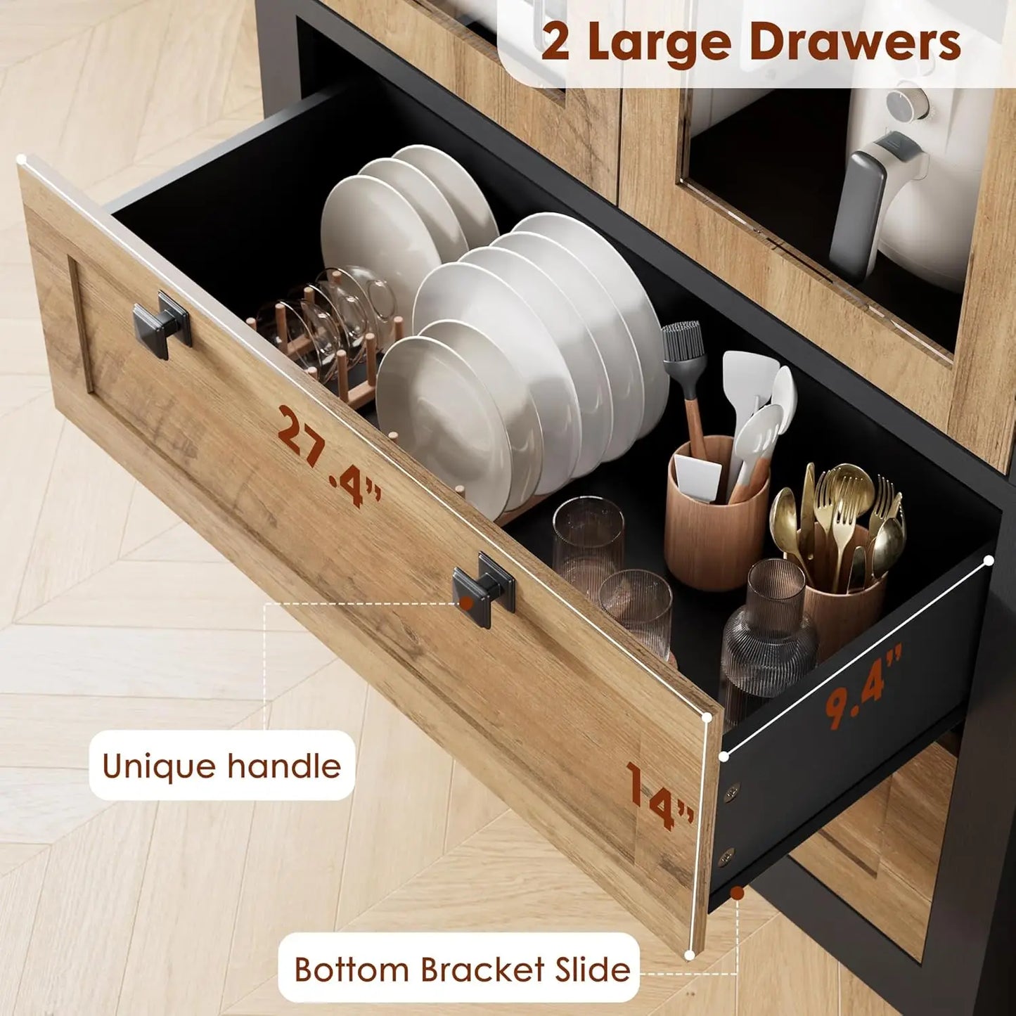 Modern Kitchen Pantry Cabinet with Glass Doors,72" Tall 2 Large Drawers,Adjustable Shelves,Durable MDF Storage Sideboard