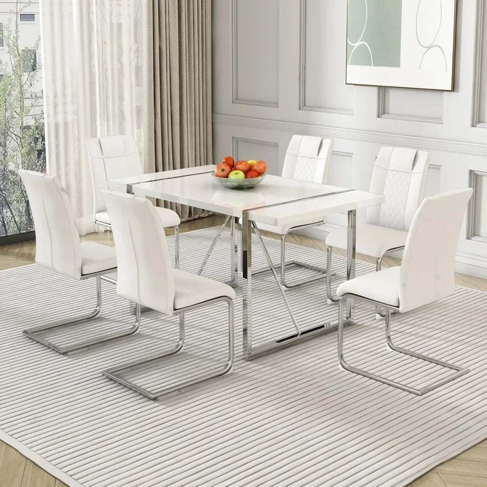 Dining Table Chairs Set For Six With PU Leather Upholstery